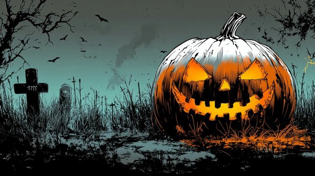 Calabaza macabra de Halloween con cartel Truco o trato.