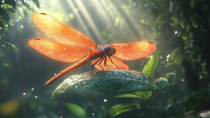 Naklejka premium A dragonfly perched on a leaf in a lush forest, bathed in the warm light of the morning sun.