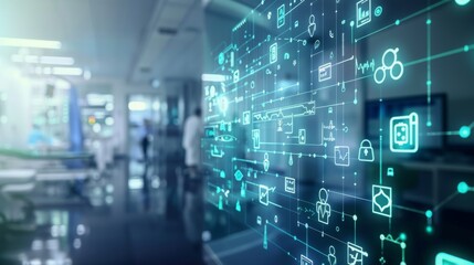 Abstract digital medical interface with icons and data displayed on a glass screen in a hospital setting.