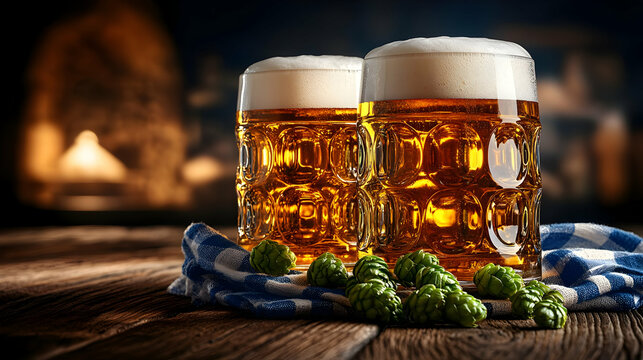 Refreshing Beer in a Glass with Foam and Hops