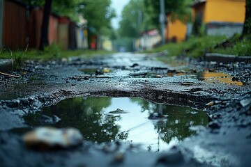 Fototapeta premium A Puddle Reflects a Rainy Day in a City Street