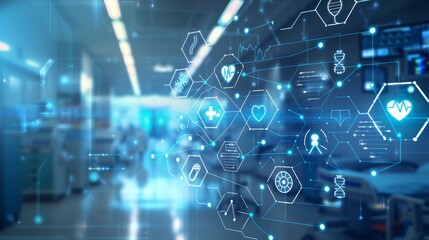 Abstract medical concept with glowing icons and lines representing health data, technology, and innovation.