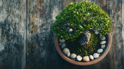 Serene Bonsai Tree in Decorative Pot on Wooden Table