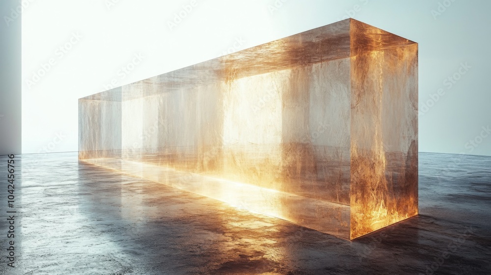 Fototapete a translucent cube emits warm, amber light in a modern, minimalistic environment. the reflective sur