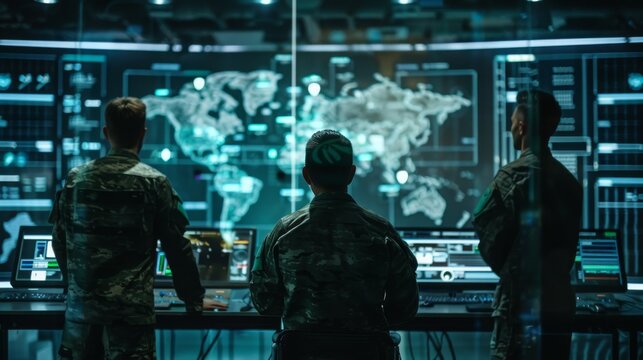 Three soldiers in uniform look at a world map on a large screen, with other screens displaying various data.