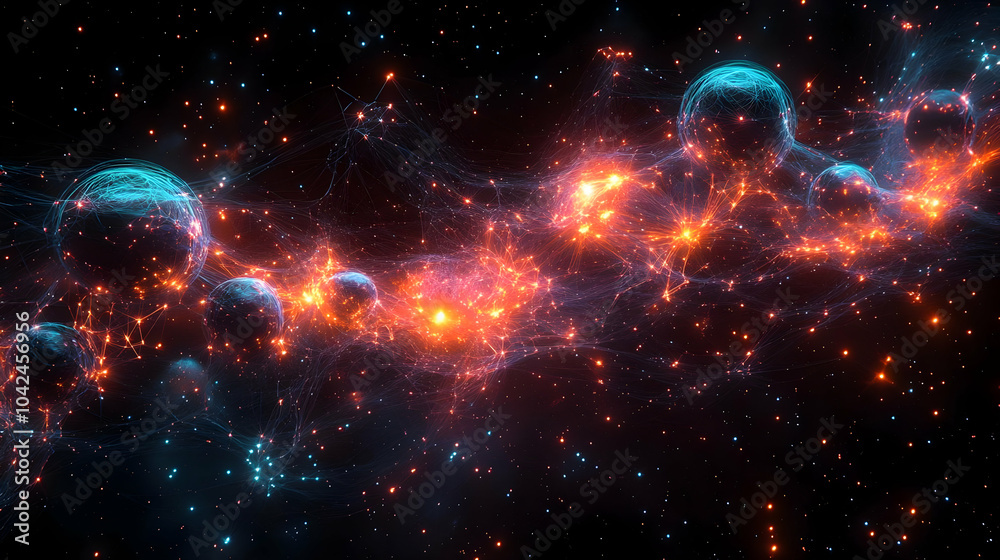 Wall mural abstract cosmic visualization with glowing spheres and networks.