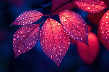 Obraz premium Dew-Covered Autumn Leaves in Purple and Red Hues