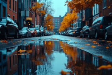 Fototapeta premium Water Reflection of City Street with Cars and Autumn Leaves