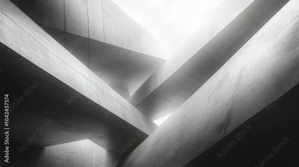 Poster An abstract arrangement of concrete structures showcases unique angles and geometric patterns, illuminated by bright daylight filtering through.