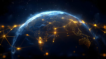 A digital representation of Earth with glowing network connections.
