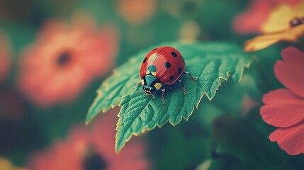 Fototapeta premium Vibrant Ladybug on Leaf Among Colorful Flowers