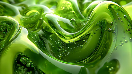Abstract green liquid with bubbles and swirling textures.