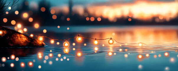Obraz premium Serene water scene with glowing lights and soft reflections at sunset.