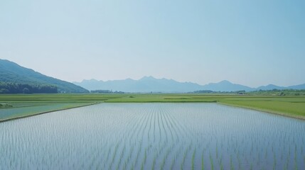 Fototapeta premium Serene Rice Field Under Clear Blue Sky