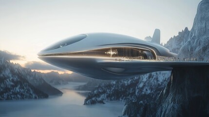 Fototapeta premium Futuristic flying vehicle design on a misty lake at dawn with reflective water and mountains in the background