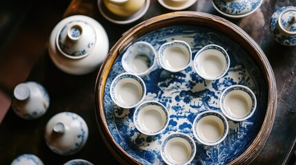Traditional Tea Set Display with Blue and White Porcelain
