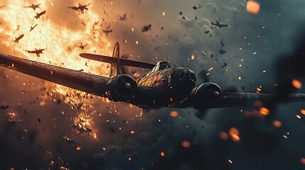 Naklejka premium Aerial combat featuring multiple vintage fighter aircraft against a dramatic sunset backdrop during World War II