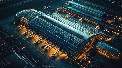 Obraz premium Aerial view of a modern airport terminal illuminated at night, showcasing busy gates and runways with aircraft parked
