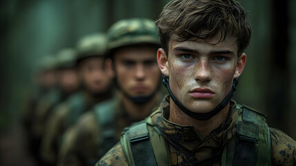 Fototapeta premium A group of soldiers in camouflage, focused and serious in training.