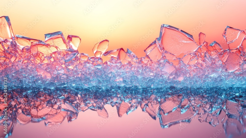 Poster colorful ice fragments stretch across the surface of water, glimmering as the sunset casts soft hues