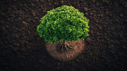 Green Tree Surrounded by Dark Soil from Above