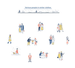 歩いているさまざまな人々　冬　セット