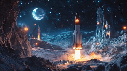 Fototapeta premium Space launch of two rockets ascending from Earth, surrounded by clouds and illuminated by sunlight in a deep blue sky