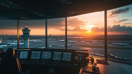 Fototapeta premium Sunset view of an airport control tower with planes on the runway and a vibrant sky in the background