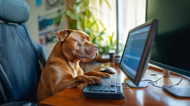 A clever pitbull working on a computer like a pro