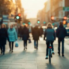 Morning commute with people walking and biking on a city street