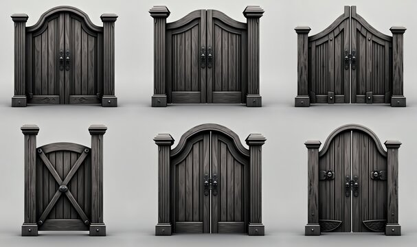 A collection of six unique wooden doors, featuring various designs and finishes. Ideal for architectural projects, digital art, or game design.