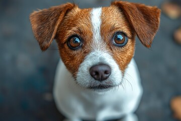 Close-up of a Brown and White Dog Looking Upwards