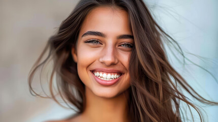 Fototapeta premium Trendy summer fashion shines in this vibrant closeup of a joyful woman, capturing her smile amid city streets.