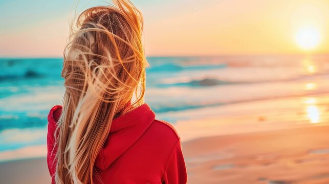 A woman in a red jacket gazes at the sunrise, her golden hair dancing in the wind against the backdrop of the sea.