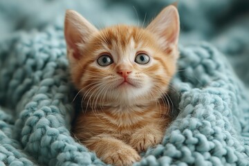 Orange Kitten with Blue Eyes Resting on a Knitted Blanket
