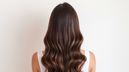 Fototapeta premium A stunning portrait showcasing a girl with long, voluminous wavy brown hair, capturing the beauty from behind.