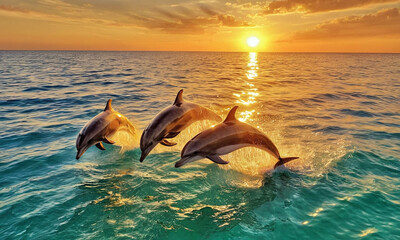 dolphins jumping into the water and sunset landscape