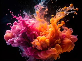 Fototapeta premium Abstract Flow of Pink and Orange Liquid Particles on Black Background for Product Photography