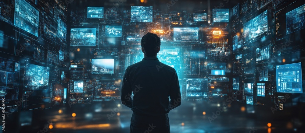 Wall mural a silhouette of a person standing in front of a wall of screens displaying data and information.