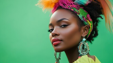Vibrant accessories like beads and feathers add flair to the portrait.