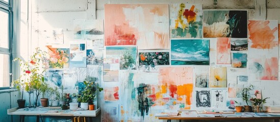 Fototapeta premium A white wall covered with colorful artwork, with a desk and plants in the foreground.
