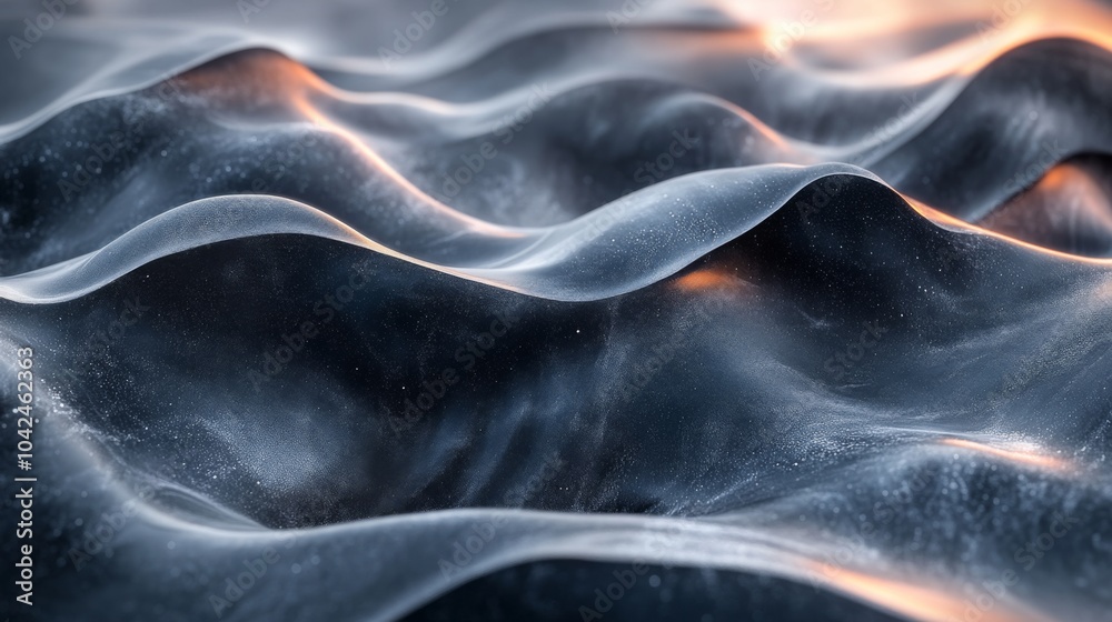 Poster curving surfaces of a dark, glossy substance reflect gentle light, producing a captivating interplay