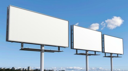 Obraz premium Empty billboards on a sleek building offer prime outdoor advertising space against a stunning urban skyline.