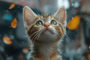 Close-up of a Curious Kitten with Rain-like Background
