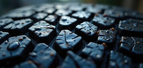 Close up of a wet tire tread, showcasing its intricate pattern and texture. Ideal for automotive, maintenance, and safety related projects.