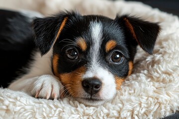 Close-up Portrait of a Black, White, and Brown Puppy Resting on a Fluffy White Blanket