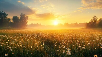 Serene Sunrise Over Flower Field