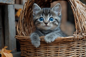 A Grey Kitten with Blue Eyes Peering Out of a Wicker Basket