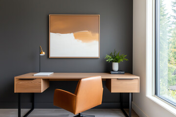 Elegant home office setup featuring modern desk and art against dark wall