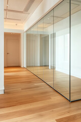 Fototapeta premium Modern office corridor with glass walls and wooden flooring a contemporary design perspective